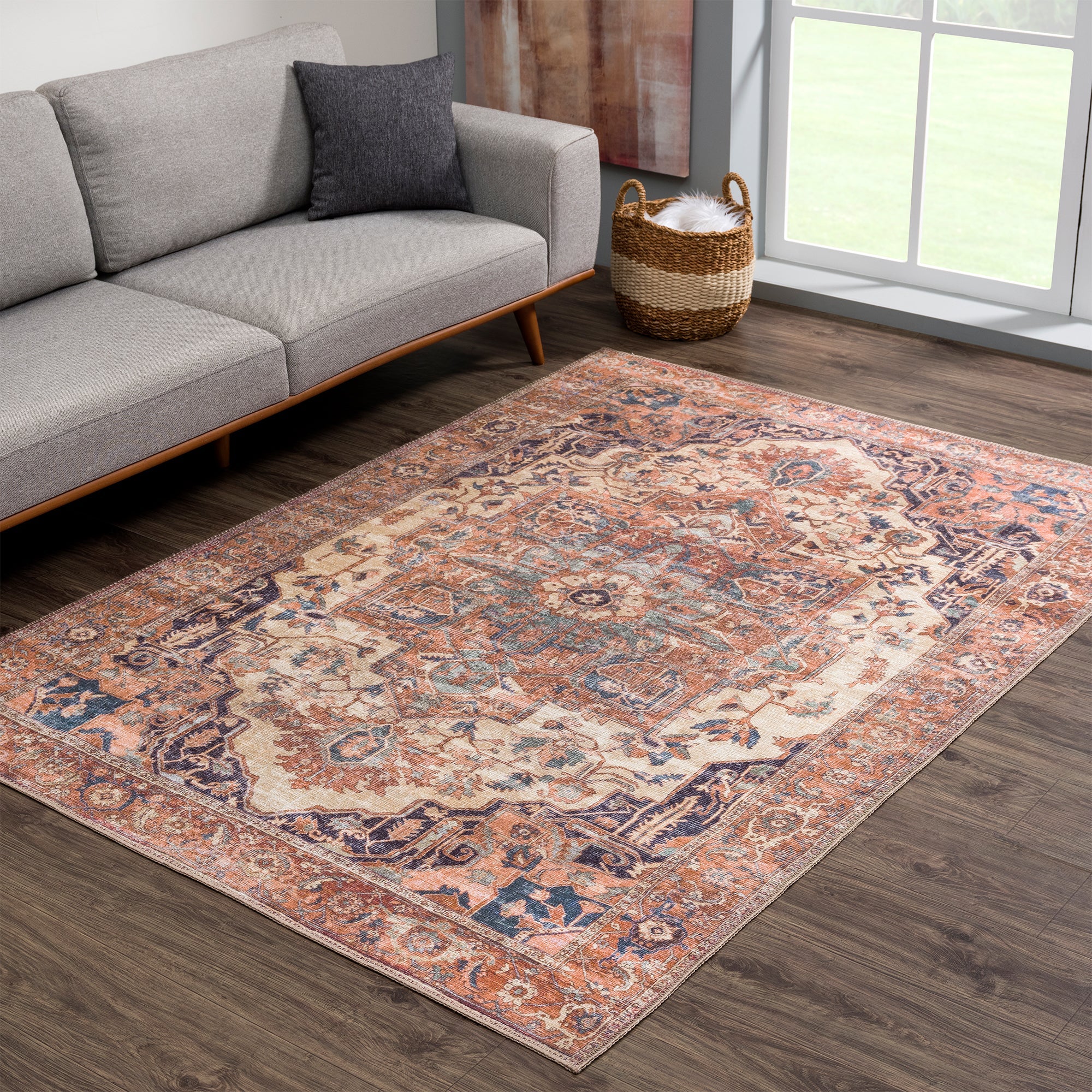 Ionia IO-08 Traditional Washable Rug | BEIGE/TERRACOTTA | Non-Slip - Image 4